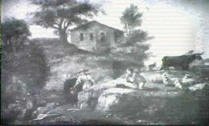 A Wooded Landscape With A Peasant Woman Fetching Water With A Shepherd Playing Pipes On A Bank thumbnail