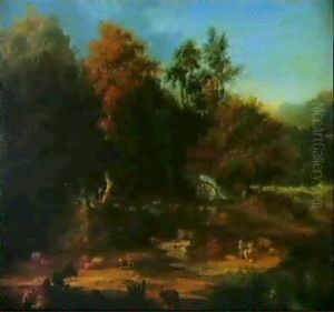 Washerwomen Laundering Their Clothes In A Mill Stream While Herdsmen Watch Over Their Cattle In A Nearby Pasture