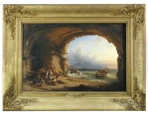 A View Of The Bay Of Naples From Near Pozzuoli, From Within A Fisherman's Cave, With Mount Vesuvius In The Far Distance by Eduard Agricola
