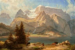 Am Ausersten Vordergrund Des Bildes Hat Sich Ein Kuhhirte Mit Seiner Herde Im Schatten Einiger Tannenbaume Zur Rast Niedergelassen Und Die Kuhe Zur Tranke An Das Seeufer Getrieben