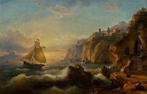 Die Steilkuste Bei Sorrent. Malerische Abendlandschaft Mit Bewegter Marine, Vorbeiziehendem Segelboot Und Fischern Am Ufer. Weiter Blick In Die Bucht Von Neapel Mit Dem Vesuv by Eduard Agricola
