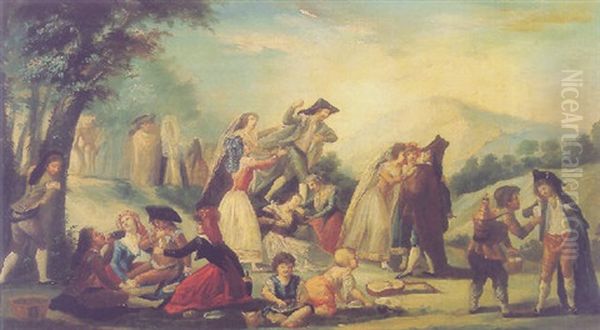 Elegant Couples In A Landscape Picnicking - view 1
