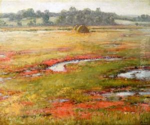 A Marsh In Bloom With Haystacks In The Distance