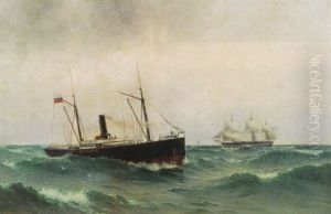 Angfartyget "meteor" I Hog Sjo, I Bakgrunden Svenskt Segelfartyg by Arvid Magnus Ahlberg
