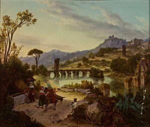 Sudliche Flusslandschaft Mit Steinernen Brucken, Im Vordergrund Lebhaftes Treiben Am Brunnen