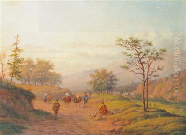 A Mountainous Landscape With Travellers And Sportsmen On A Sandy Track by Carl Eduard Ahrendts
