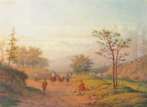A Mountainous Landscape With Travellers And Sportsmen On A Sandy Track A Mountainous Landscape With Travellers And Sportsmen On A Sandy Track
