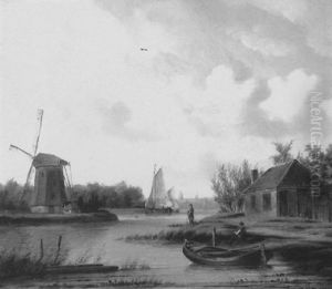 Kanallandschaft Mit Segelbooten Und Windmuhle by Conrad Ahrendts