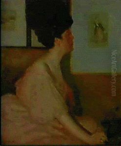 A Lady In Pink Admiring A Picture by George Charles Aid