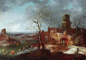 Weite Winterlandschaft Mit Ruinen Und Vielen Figuren by Karl Joseph Aigen
