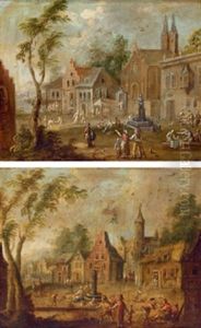 Dorfplatz Mit Figuren (+ Dorfplatz Mit Figuren; Pair) by Karl Joseph Aigen
