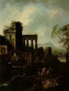Landschaft Mit Ruinen An Einem Wasserfall Und Figuren by Karl Joseph Aigen