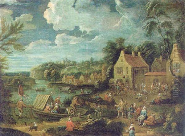 Dorf An Einem Flus Mit Booten Und Vielen Figuren - view 1