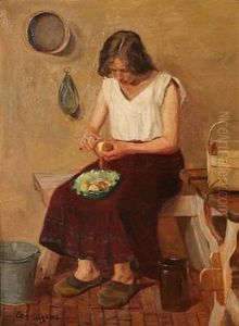 Kitchen Interior With A Young Girl Peeling Potatoes by Christian Aigens