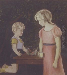 Pige Og Dreng Ved Et Bord by Christian Aigens