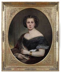 Bildnis Einer Eleganten Dame In Dunklem Kleid Und Rotem Mantel Mit Pelzbesatz by Joseph Mathaeus Aigner