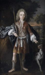 Portrait Of A Young Man As A Shepherd, Traditionally Identified As John, Master Of Elphinstone, Standing With His Dog Before A Landscape by William Aikman