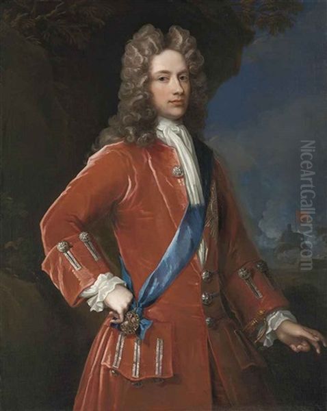 Portrait Of John Campbell, 2nd Duke Of Argyll And 1st Duke Of Greenwich, In A Red Coat With Silver Braid, With The Sash And Star Of The Order Of The Garter, A Coastal Fortress Beyond - view 1