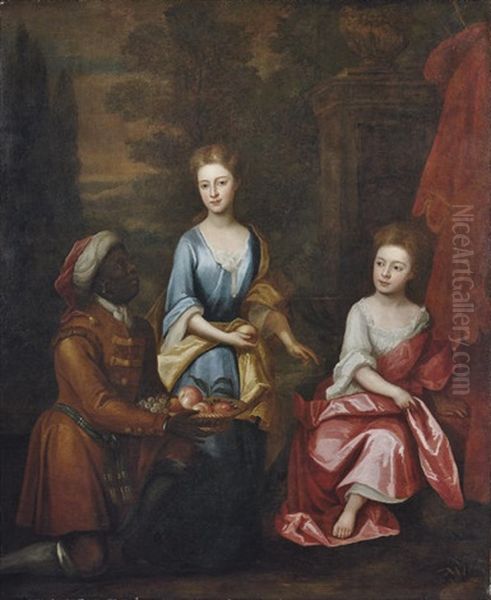 Portrait Of Two Sisters In A Blue Dress With Yellow Wrap And A White Dress With Pink Wrap - view 1
