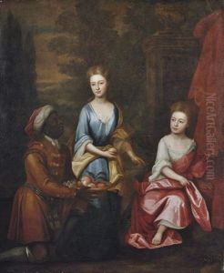 Portrait Of Two Sisters In A Blue Dress With Yellow Wrap And A White Dress With Pink Wrap