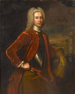 Portrait Of A Gentleman In A Burgundy Coat With A Breast Plate, Holding A Glove, A View To A Castle And A Landscape Beyond