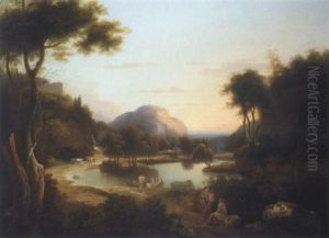 Classical Figures In An Extensive Italianate Landscape, (lake Arno?) by Samuel James Ainsley