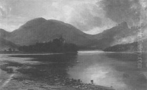 Stone Castle Overlooking Loch And Highlands by James Alfred Aitken