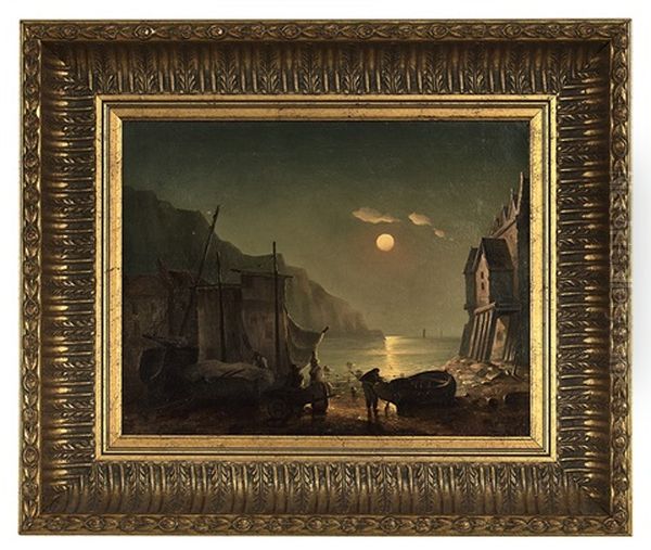 Sunset Scene With Figures And Fishing Boats On The Shore - view 1