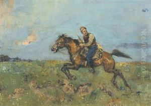 Steppenlandschaft Mit Fluchtendem Reiter Mit Dolch