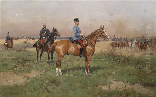 General Prinz Leopold Von Croy In Campagneuniform Zu Pferd Wahrend Eines Manovers, Im Hintergrund Husaren-stabsoffizier Als Generaladjutant Mit Kommodtschako, Im Hintergrund Anreitende Dragonereskadron, Sowie Ein Einzelner Husar - view 1