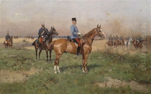General Prinz Leopold Von Croy In Campagneuniform Zu Pferd Wahrend Eines Manovers, Im Hintergrund Husaren-stabsoffizier Als Generaladjutant Mit Kommodtschako, Im Hintergrund Anreitende Dragonereskadron, Sowie Ein Einzelner Husar by Thaddaus von Ajdukiewicz