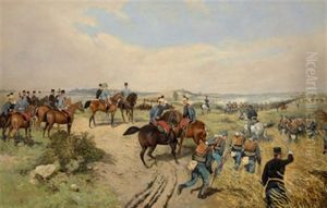 Kaiser Franz Joseph I Auf Dem Manoverfeld. Der Kaisers Zu Pferde Im Gesprach Mit Einem General, Seitlich Ein Adjudant Sowie Verschiedene Generale by Thaddaus von Ajdukiewicz