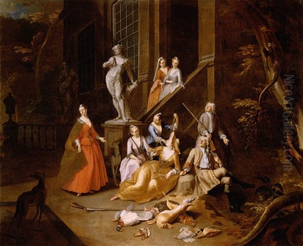 A Portrait Group Of An Elegant Hunting Party, Resting Before A House - view 1