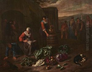 Scene De Marche Pres De La Fontaine Du Village by Josef van Aken