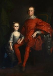 Portrait Of A Gentleman In A Red Suit And His Daughter