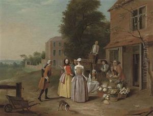 Elegant Company At A Vegetable Stall by Josef van Aken