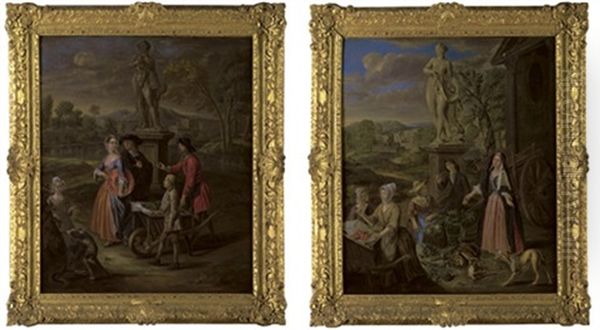 A Vegetable Seller And His Son Offering Wares To A Lady And A Cleric By A Statue Of Bacchus (+ A Vegetable And Fruit Market By A Statue Of Venus, With A Town By A River Beyond; Pair) - view 1