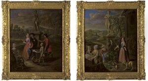A Vegetable Seller And His Son Offering Wares To A Lady And A Cleric By A Statue Of Bacchus (+ A Vegetable And Fruit Market By A Statue Of Venus, With A Town By A River Beyond; Pair) by Josef van Aken