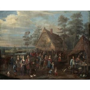 A Village Scene With A Noble Family Visiting A Peasant Feast by Josef van Aken