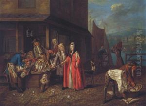 Elegante Figuren Auf Einem Fischmarkt An Einem Quai by Josef van Aken