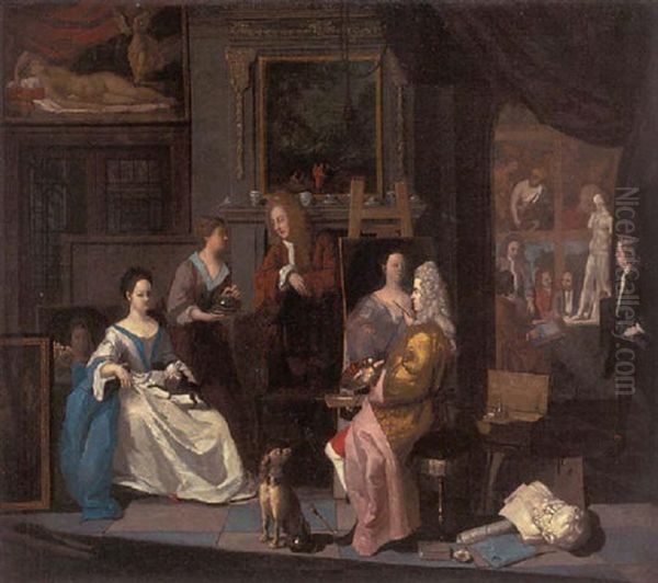 The Interior Of An Artist's Studio. With A Lady Having Her Portrait Painted by Josef van Aken