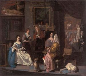 The Interior Of An Artist's Studio. With A Lady Having Her Portrait Painted by Josef van Aken