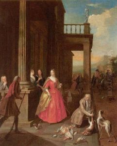 Elegant Figures Gathered Before A Portico After Returning From A Hunt