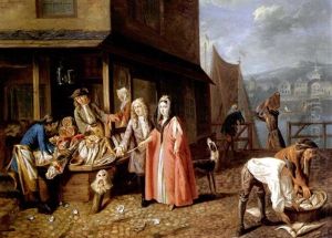 An Elegant Couple Buying Fish At A Market, A Harbour Beyond by Josef van Aken