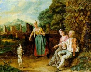 Figures In A Landscape Watching A Fiddler And His Dancing Dog by Josef van Aken
