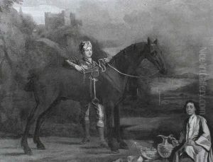 A Gentleman In Oriental Dress With His Bay Hunter And Man In An Extensive Landscape by Josef van Aken