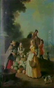 An Elegant Lady Buying Vegetables At A Stall by Josef van Aken