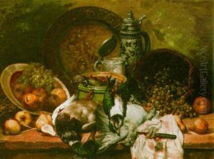 A Still Life With Poultry, Apples And Grapes In A Basket by Leo Van Aken