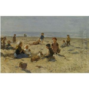 Children Playing On The Beach by Johannes Evert Hendrik Akkeringa