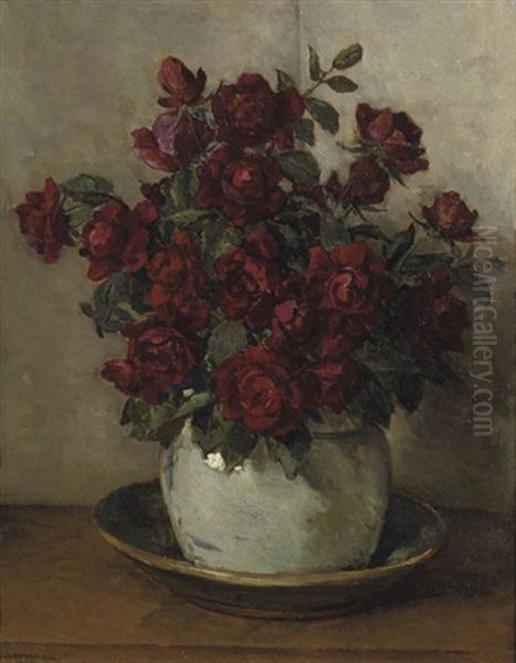 Red Roses In An Earthenware Vase - view 1